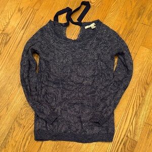 EUC Women's Navy shiny Sweater with Soft Ribbon Detail on back size XS